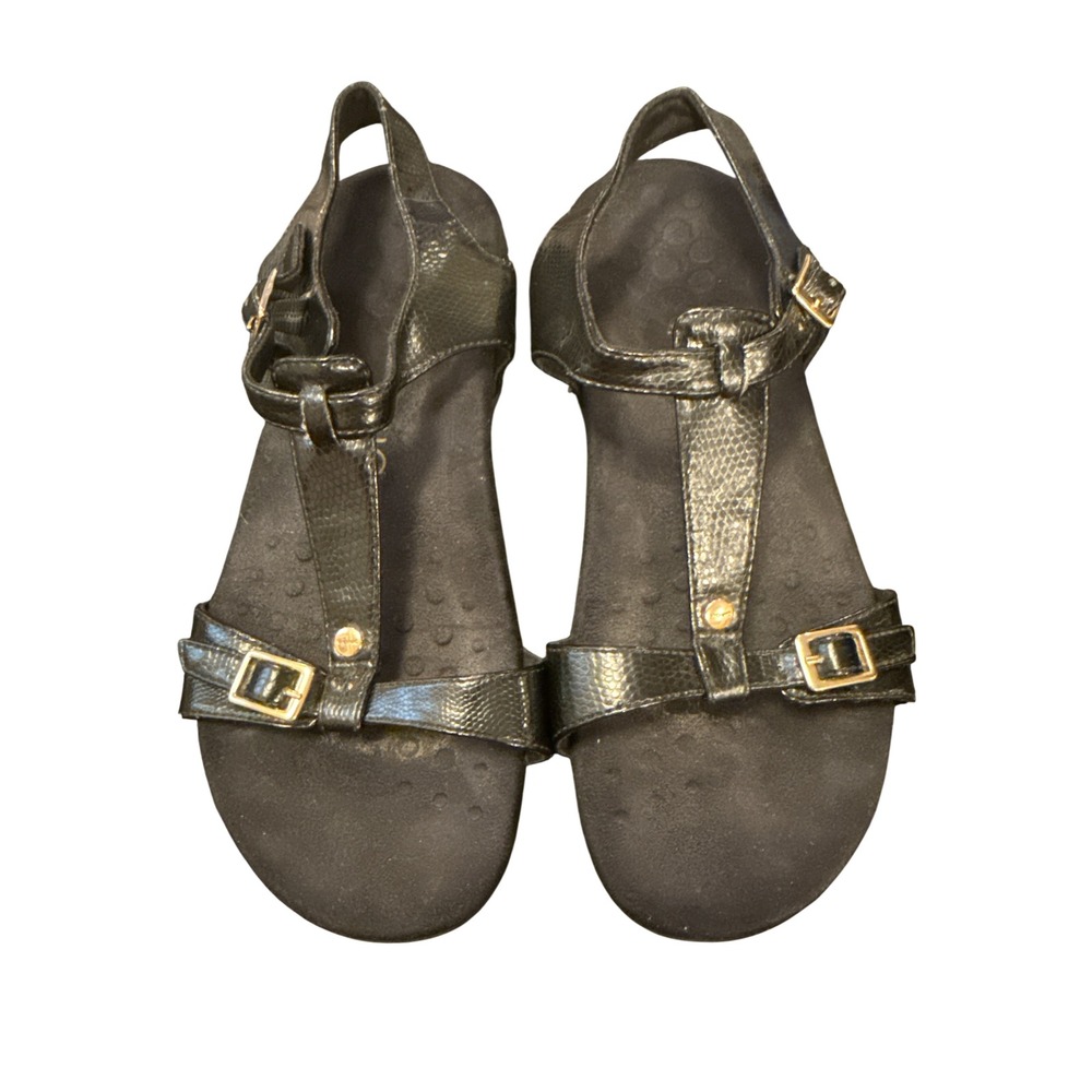Vionic T-Strap Sandals Womens 7 Black Snake Print Orthotic Buckle Straps